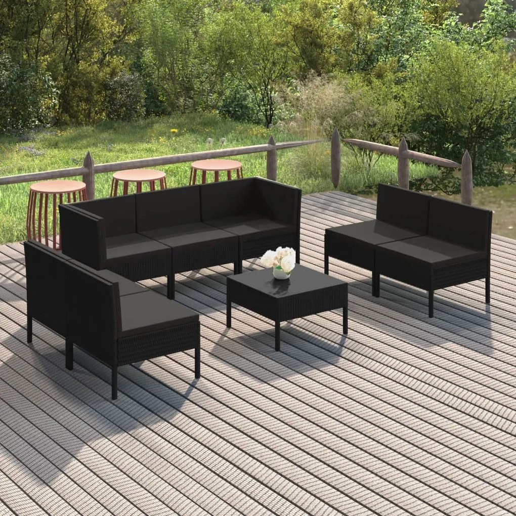 Set divani da giardino 8 pz con cuscini in polyrattan nero