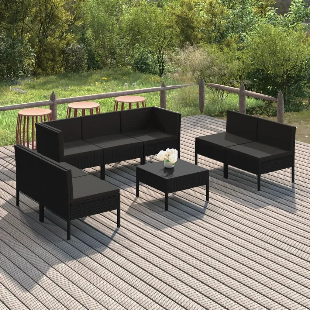 Set divani da giardino 8 pz con cuscini in polyrattan nero