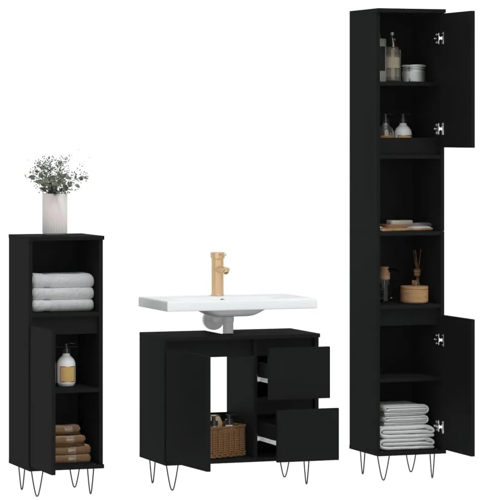 Set mobili da bagno 3 pz nero in legno multistrato