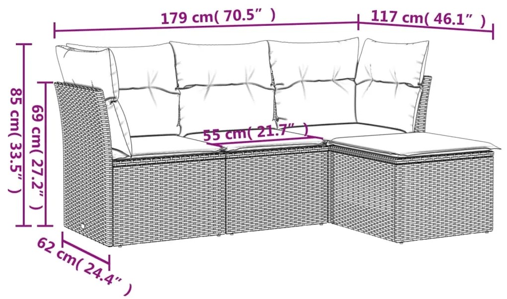 Set divano da giardino 4 pz con cuscini beige in polyrattan