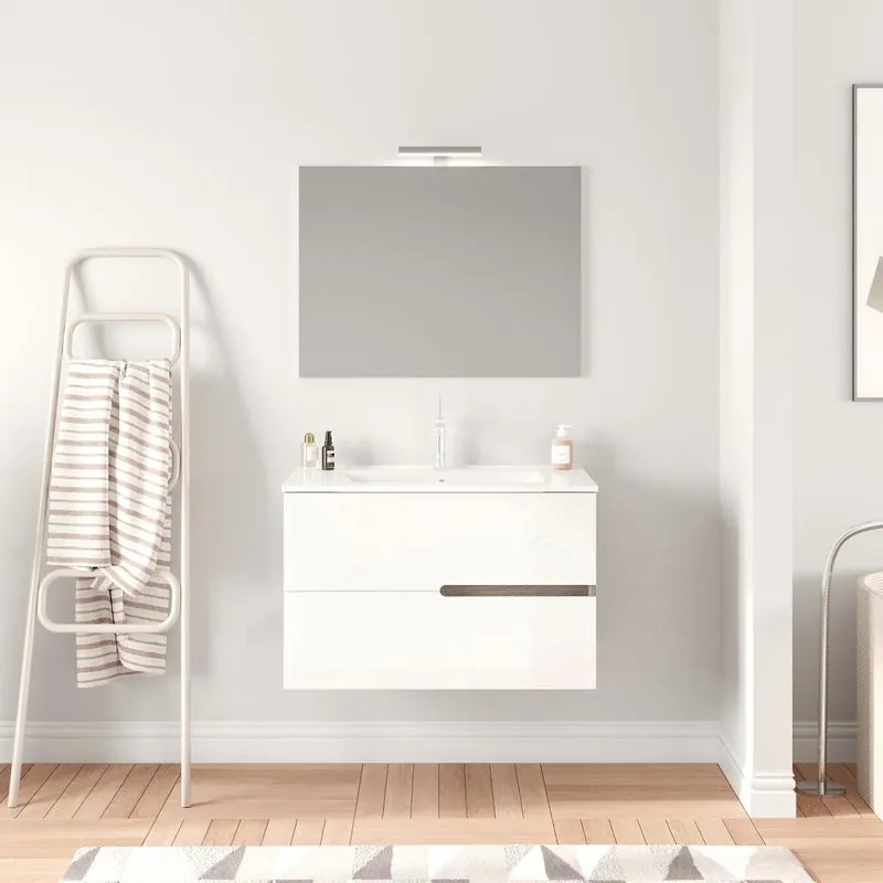 Mobile sottolavabo e lavabo con illuminazione Eva per vasca centrale frontale bianco/laterali rovere fumo L 81 x H 53 x P 46.5 cm 2 cassetti