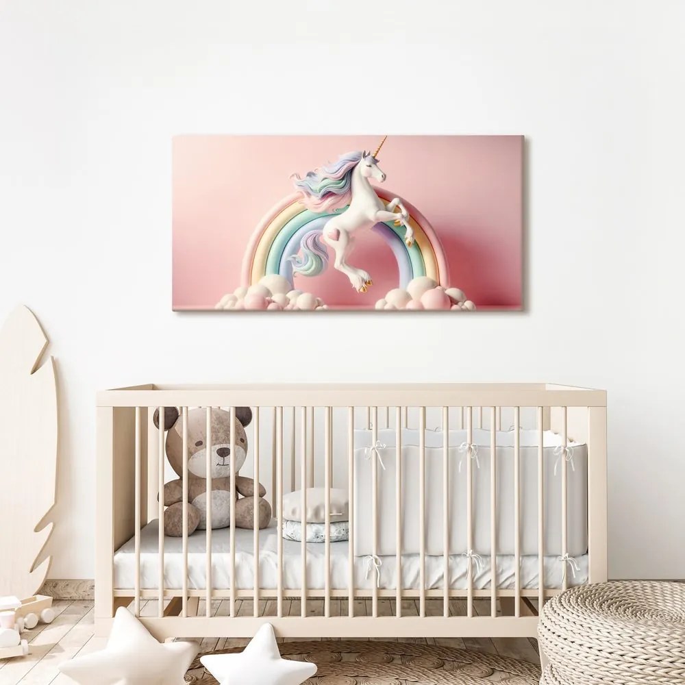 Quadro su tela – Unicorno fiabesco su arcobaleno pastello