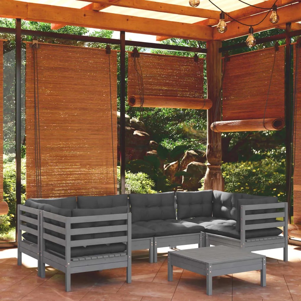 Set divani da giardino 7 pz con cuscini grigi massello di pino