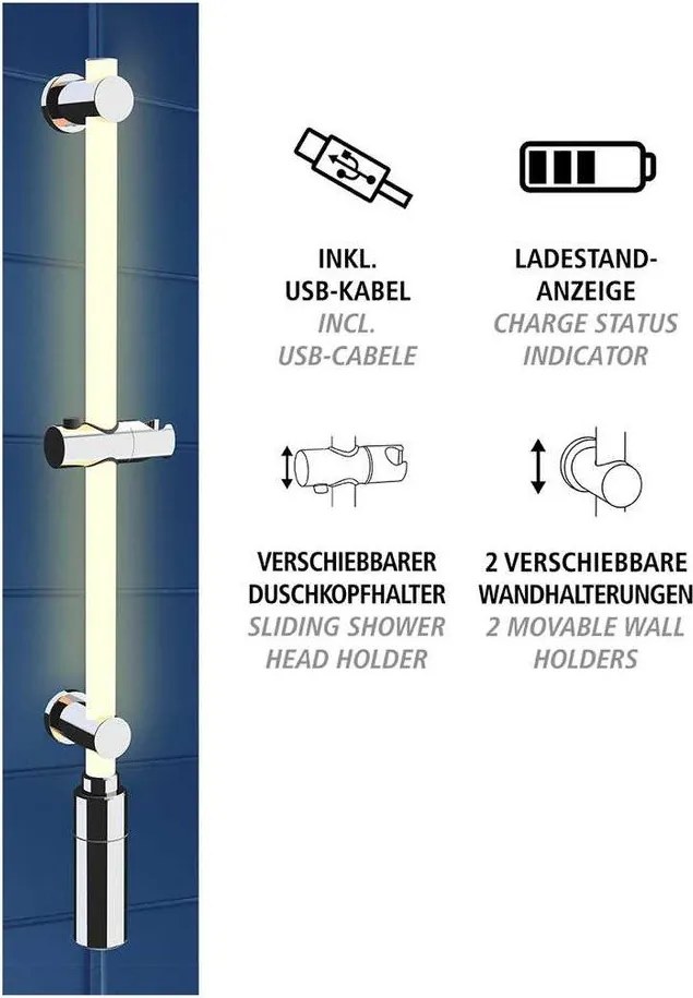 Asta doccia da parete color argento 74 cm LED - Wenko