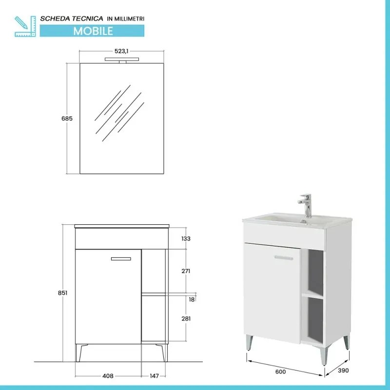 Mobile bagno a terra 60 cm bianco lucido con 1 anta lavabo e specchio Martha