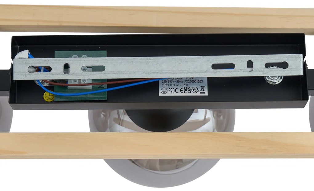 Plafoniera smart nera con legno e vetro fumé 3 luci incl. WiFi A60 - Aleks