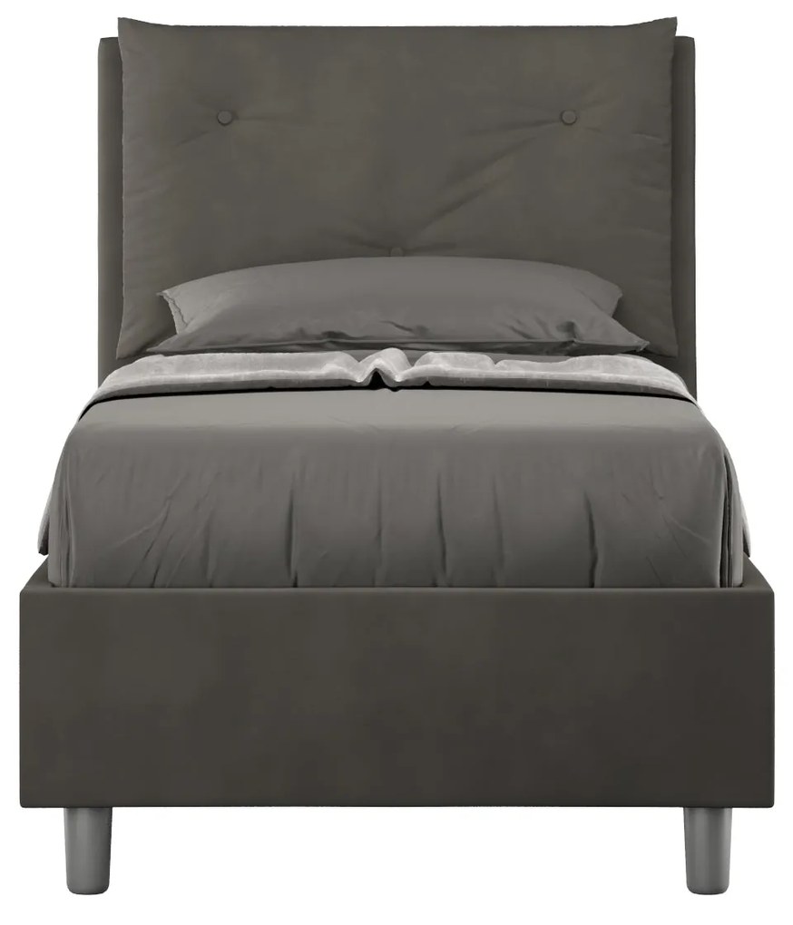 Letto singolo imbottito 80x190 microfibra Appia senza rete, con rete e contenitore, Grigio / Con Rete
