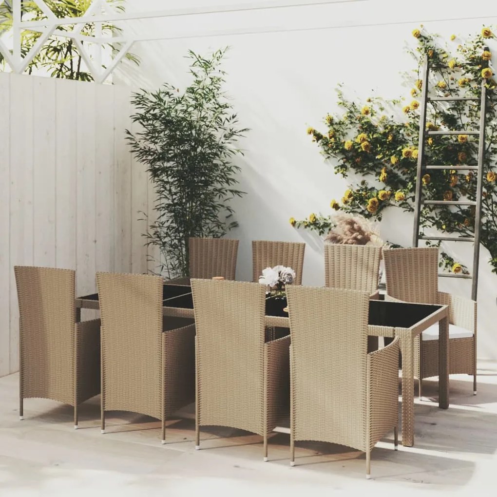 Set da pranzo da giardino 9 pz con cuscini in polyrattan beige