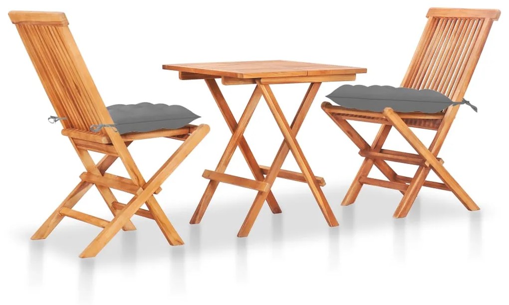 Set da bistrot 3 pz con cuscini grigi in legno massello di teak