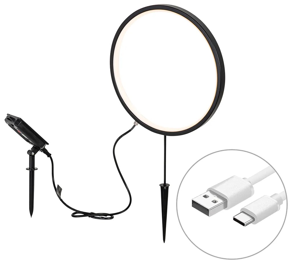 Lampada da esterno nera a punta 60 cm con LED ricaricabile e solare IP65 - Adalind