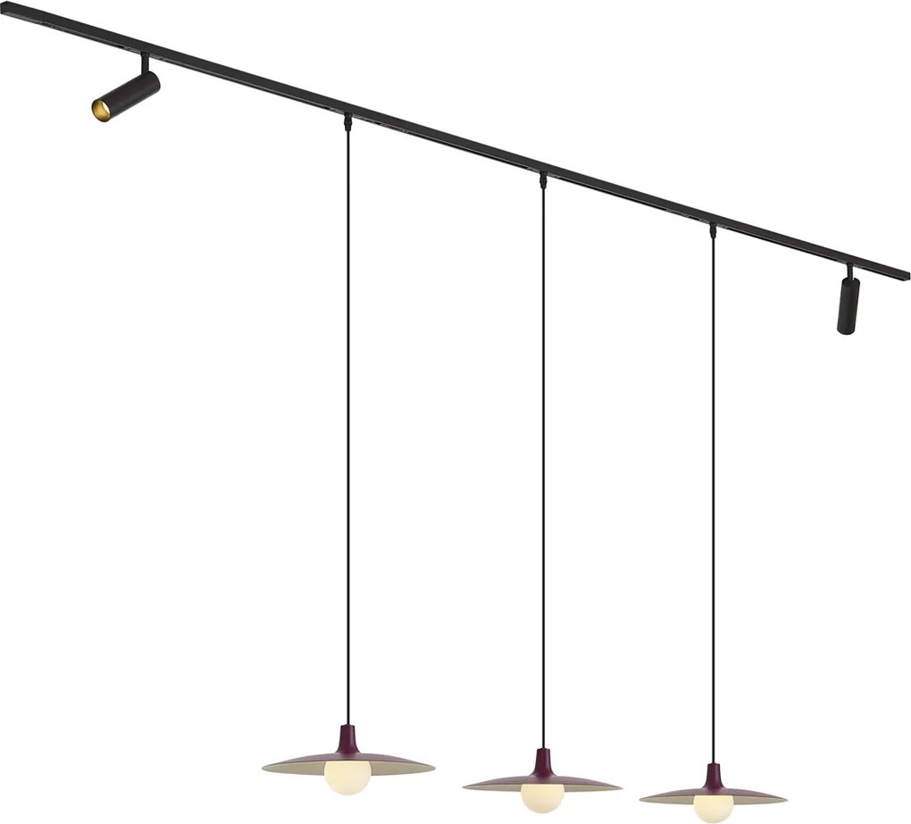 Sistema di illuminazione a binario moderno nero con 2 faretti e 3 lampade a sospensione viola monofase - Slimline Uzzy Panzi