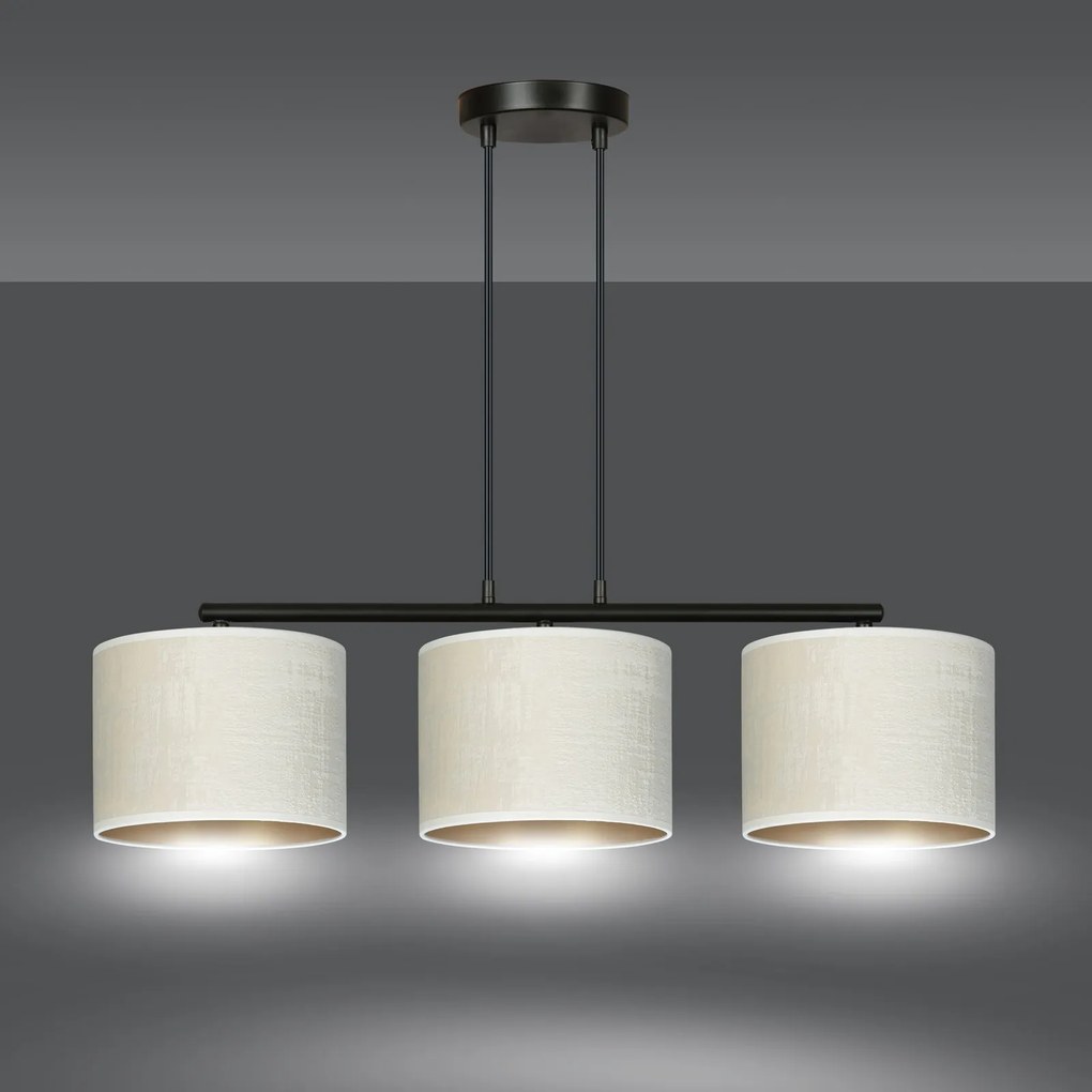 Lampadario 3 Luci Hilde In Acciaio Nero E Paralumi In Tessuto Beige