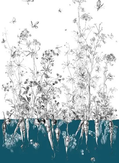 Edmond Petit Carta da parati Lièvres/Fenouil/Tournesol - Bleu - Fenouil Sauvage Droit - Bleu