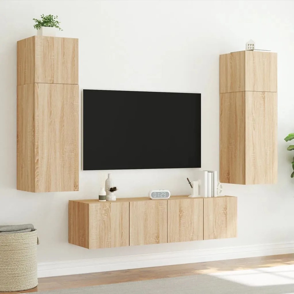 Mobili tv a muro con led 6pz rovere sonoma legno multistrato