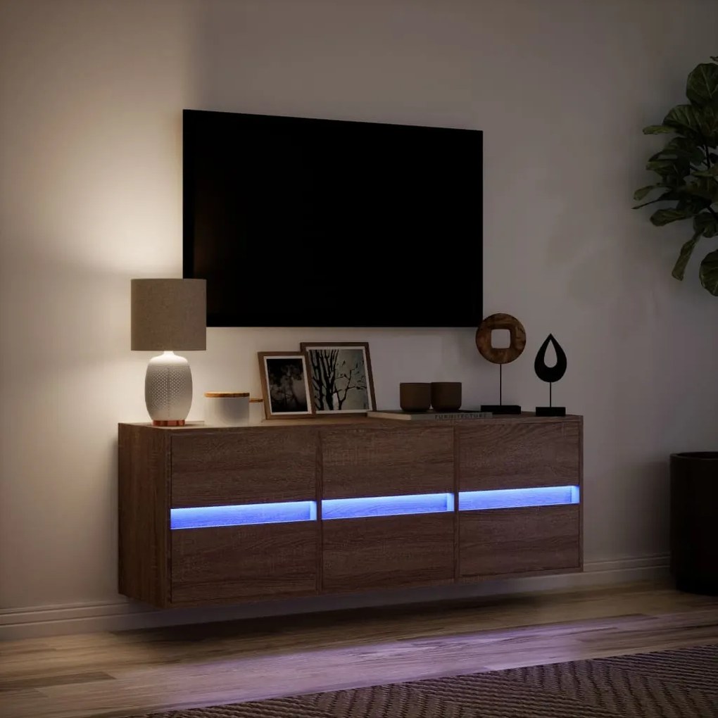 Mobile tv a parete con luci led rovere marrone 130x31x45 cm