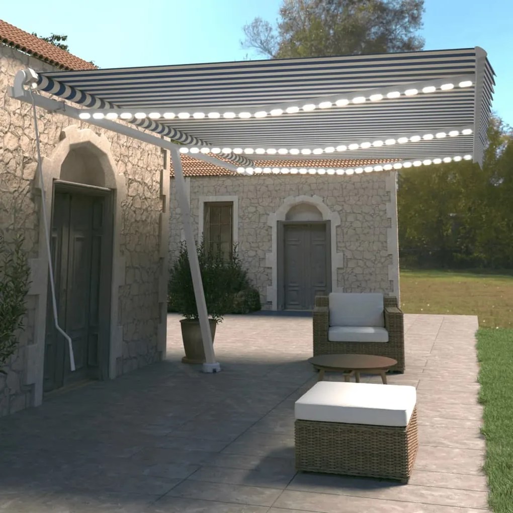 Tenda Da Sole Retrattile Manuale Con Led 600x350 Cm Blu Bianco /