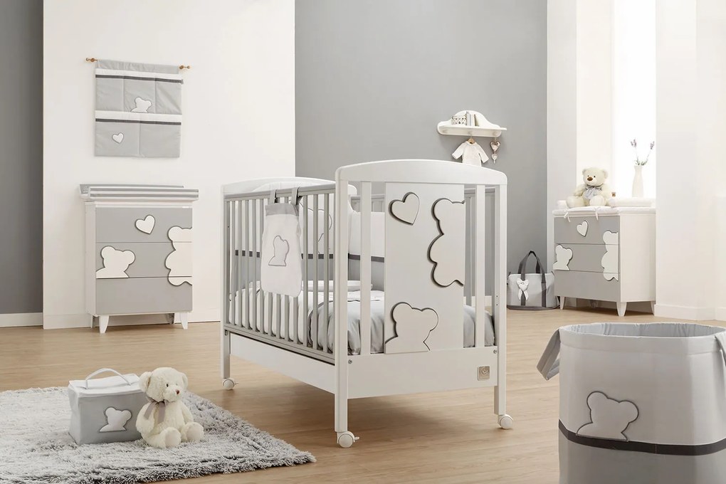 Lettino per neonati Winnie, bianco e Grey con decori orsetto