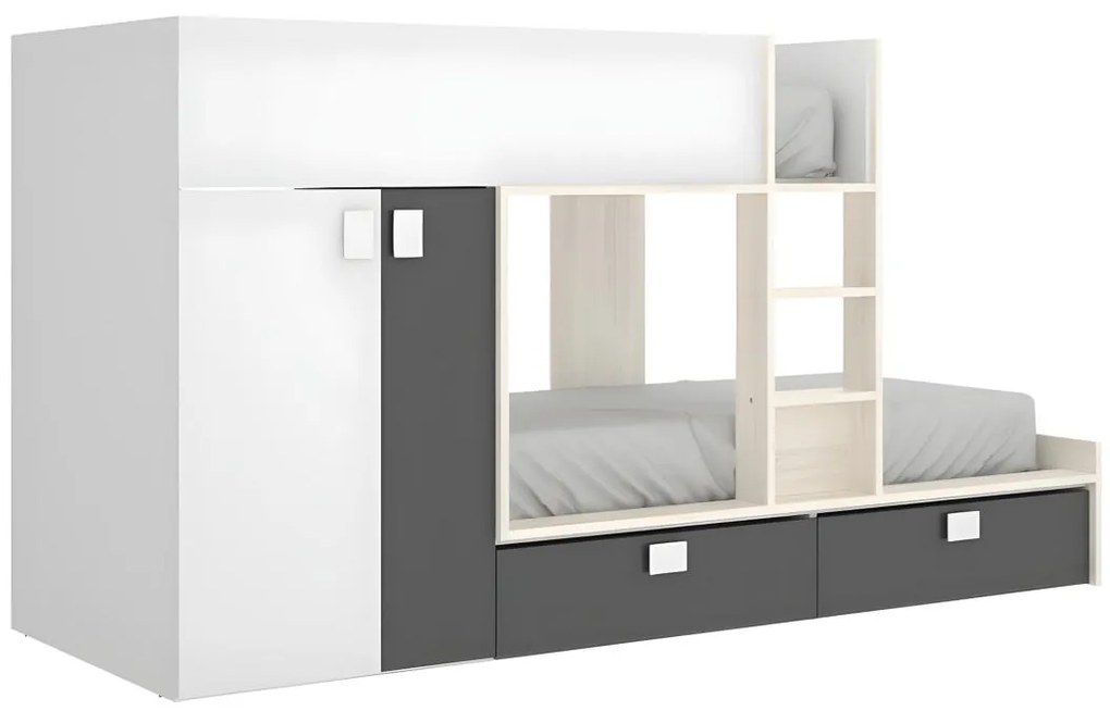 Letto a castello 2 x 90 x 190 cm - Armadio integrato - Bianco, Naturale e Antracite - JUANITO
