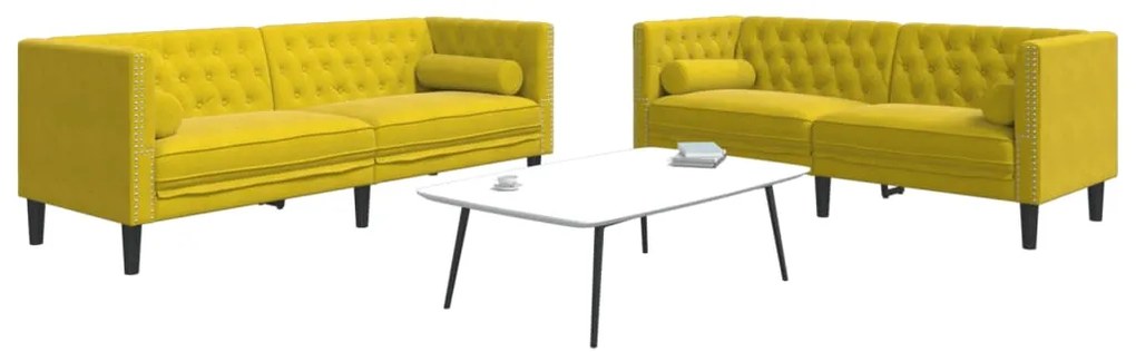 Set Divani Chesterfield 2pz Con Cuscini Giallo Velluto /