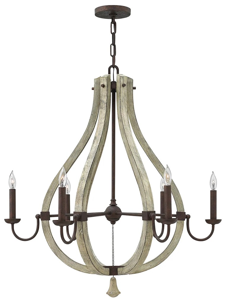 Lampadario Industrial Nordico Middlefield Acciaio Ferro Ruggine Legno 6 Luci E14