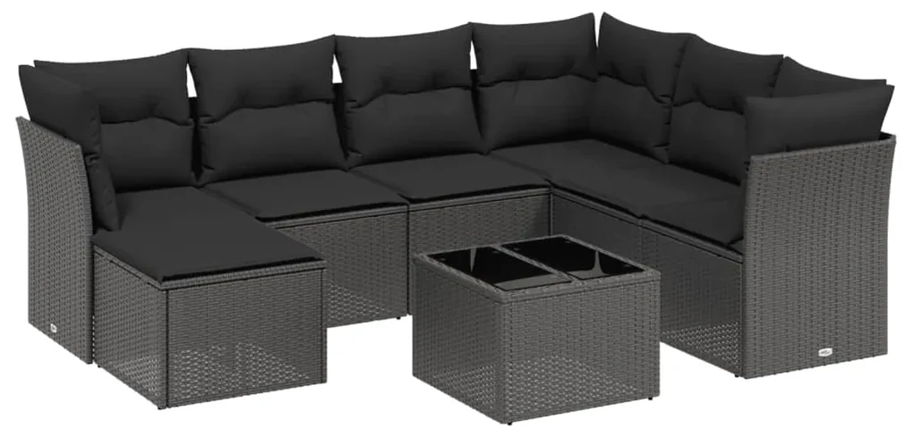 Set divani da giardino con cuscini 8 pz nero in polyrattan