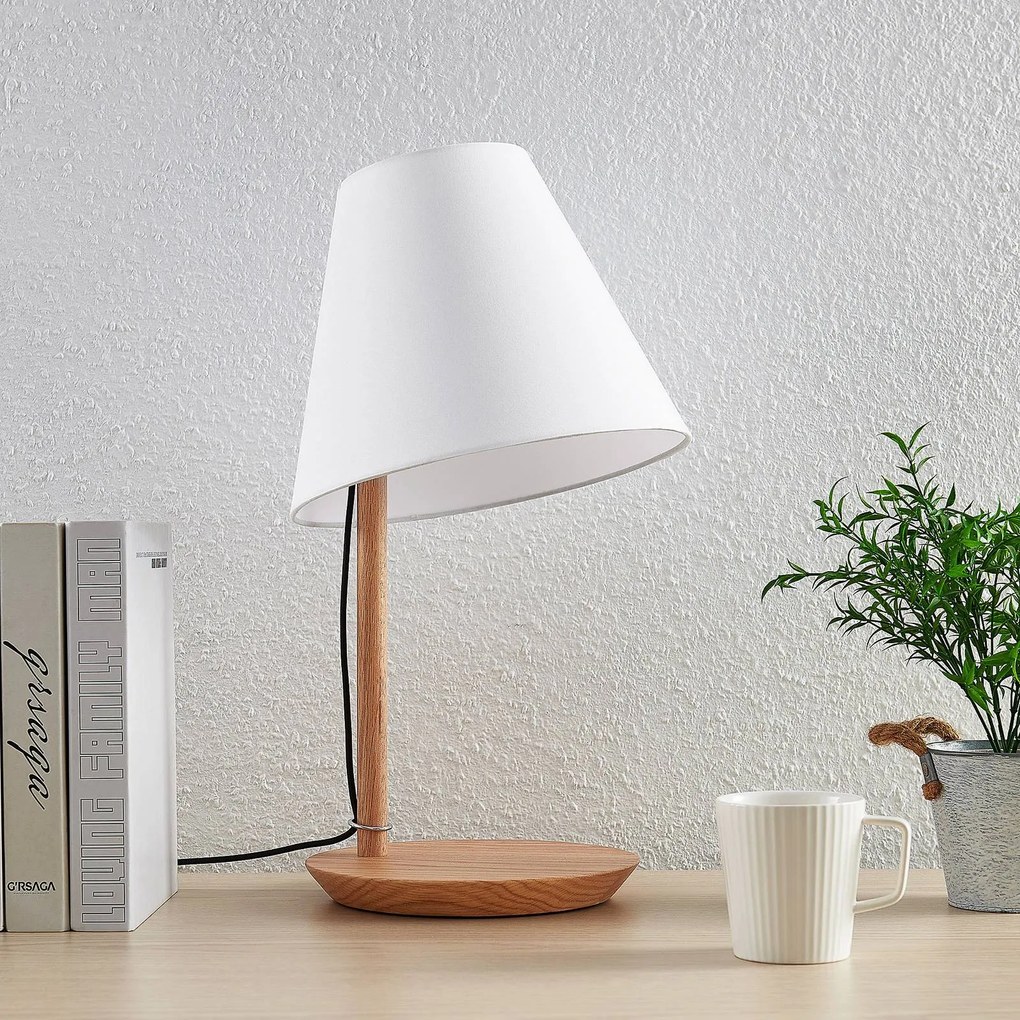 Lucande Lampada da tavolo Jinda, bianco, legno, tessuto, 50 cm, E27