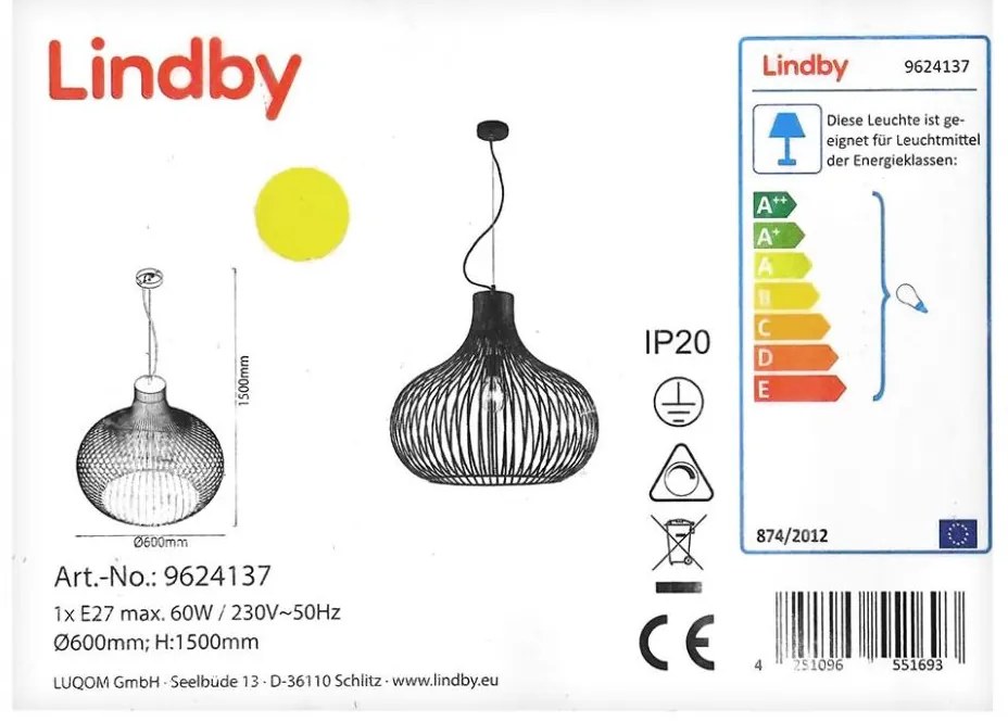 Lindby - Lampadario a sospensione con filo FRANCES 1xE27/60W/230V