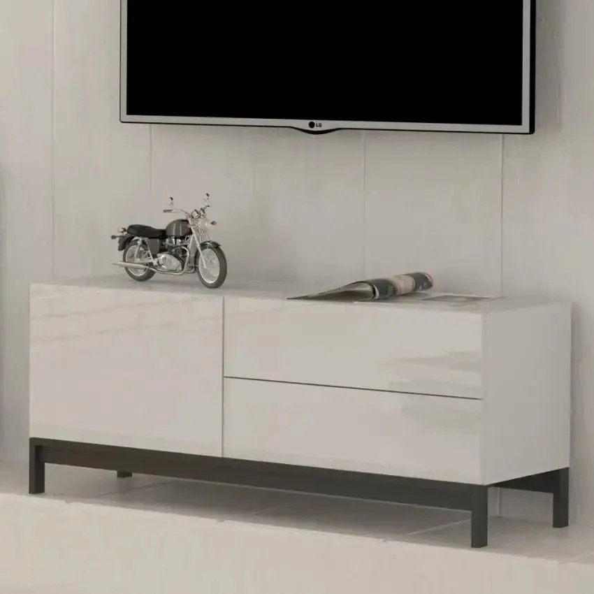 Porta TV Moderno con 1 Anta + 2 Cassetti METIS - Piede in Metallo Bianco Lucido