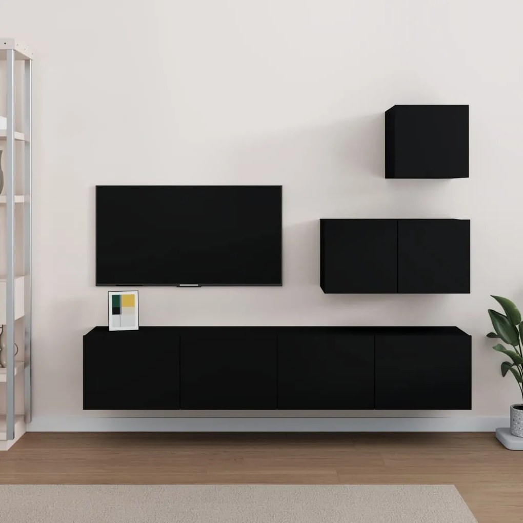 Set mobili porta tv 4 pz nero in legno multistrato