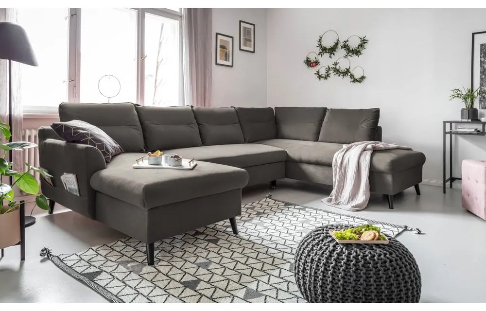 Divano letto a U in velluto grigio scuro, angolo destro Stylish Stan - Miuform