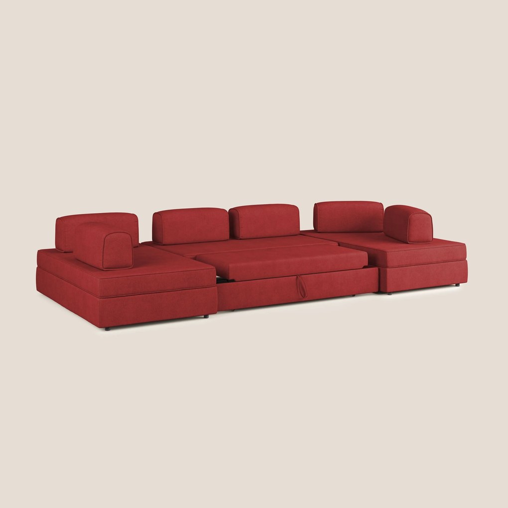 Liberty divano panoramico con pouf estraibile e schienali movibili in tessuto morbido impermeabile T02 rosso