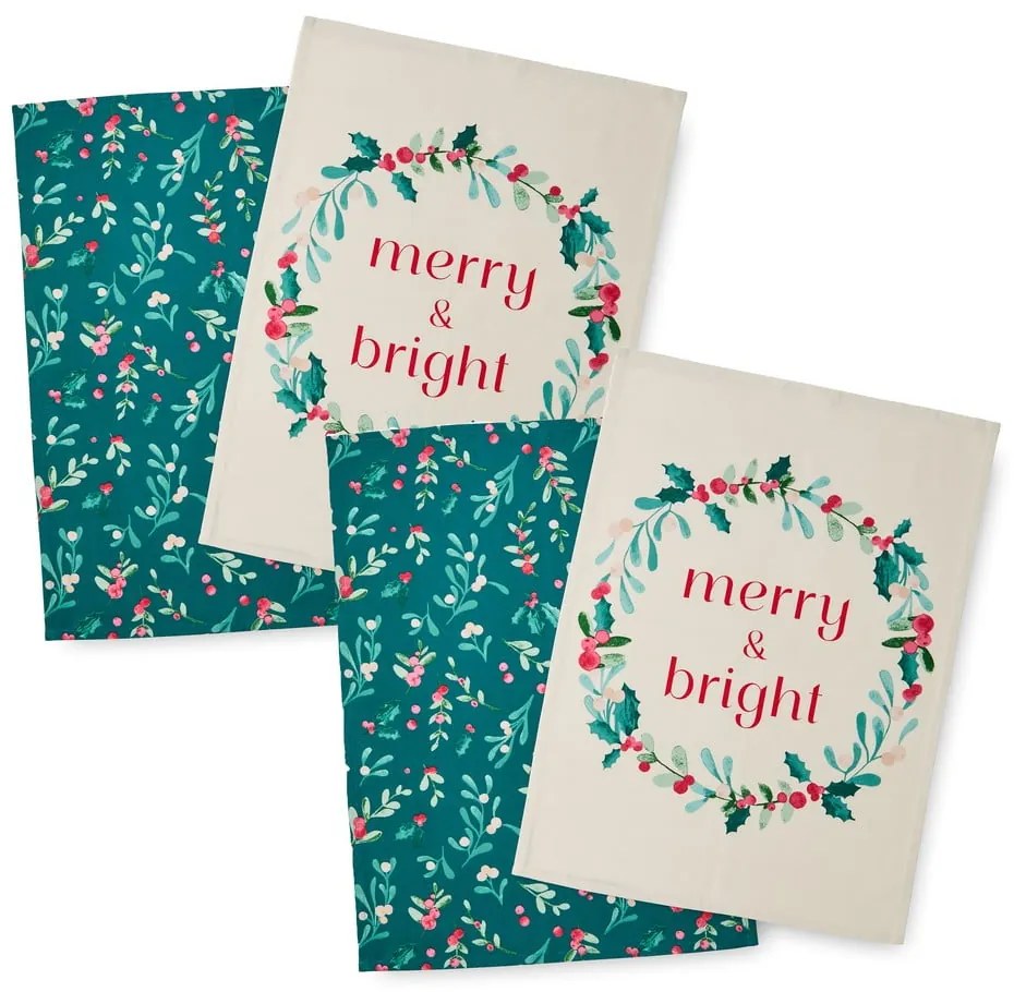 Asciugamani in cotone con motivo natalizio in set da 4 50x70 cm Holly and Mistletoe - Catherine Lansfield