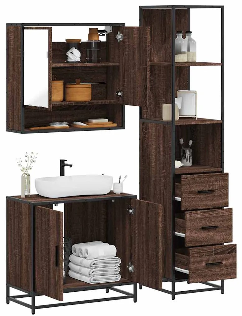 Set Mobili Da Bagno 3 Pz Rovere Marrone İn Legno Multistrato /