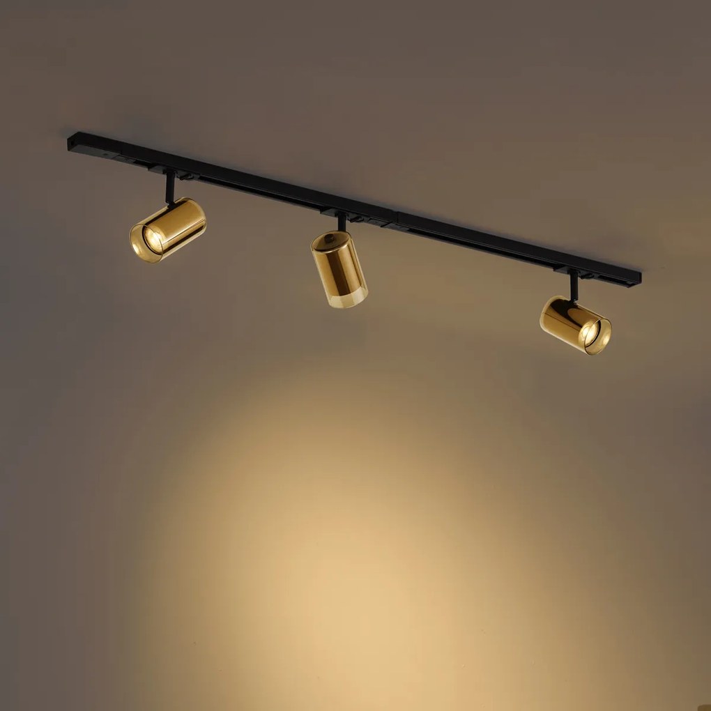 Sistema di illuminazione a binario moderno nero con 3 faretti dorati monofase - Iconic Lloyd