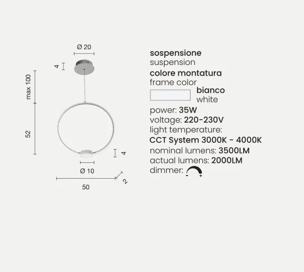 Lampada a sospensione Led OMEGA in metallo verniciato Bianco Grande 50 cm
