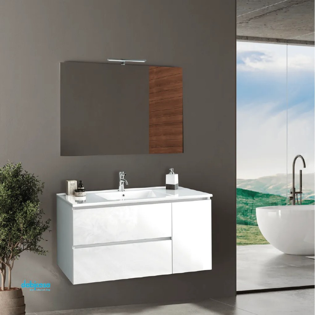 Mobile Bagno Sospeso "Giovy" Da 100 Cm Composto Da Due Cassetti Ed Un'Anta Lavabo E Specchio Con Lampada Led