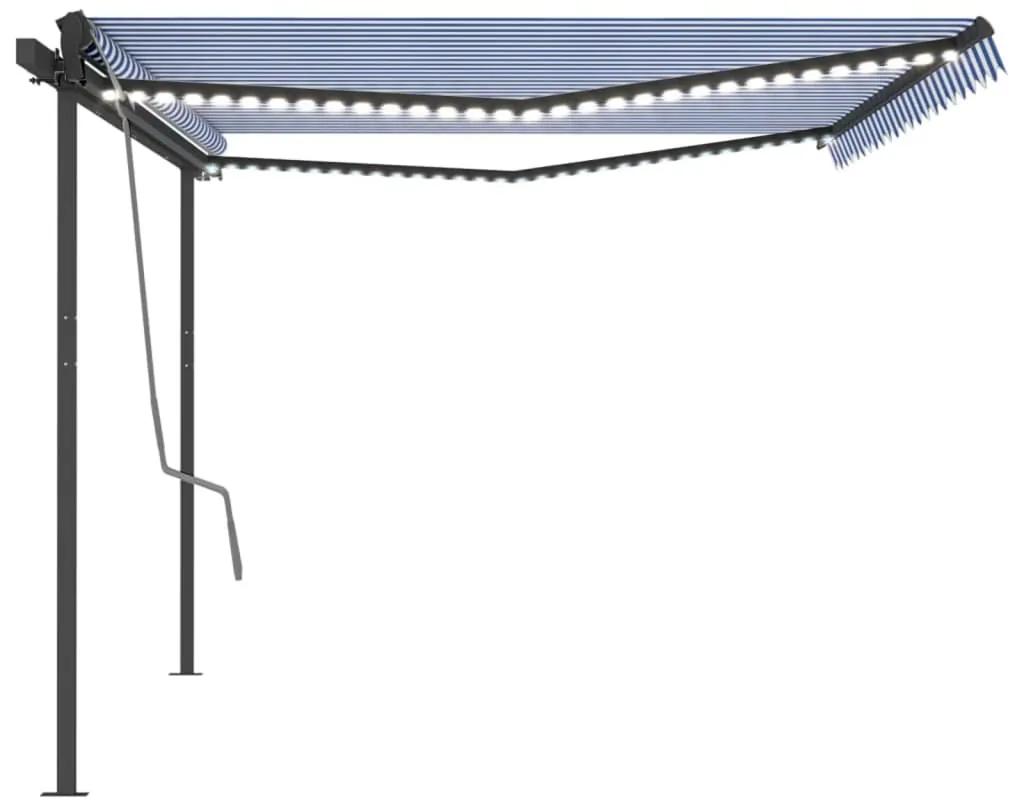 Tenda da Sole Retrattile Manuale con LED 5x3 m Blu e Bianca