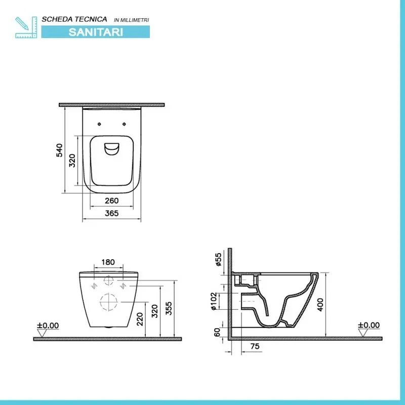 Wc sospeso senza brida Rimless in ceramica bianco lucida Square