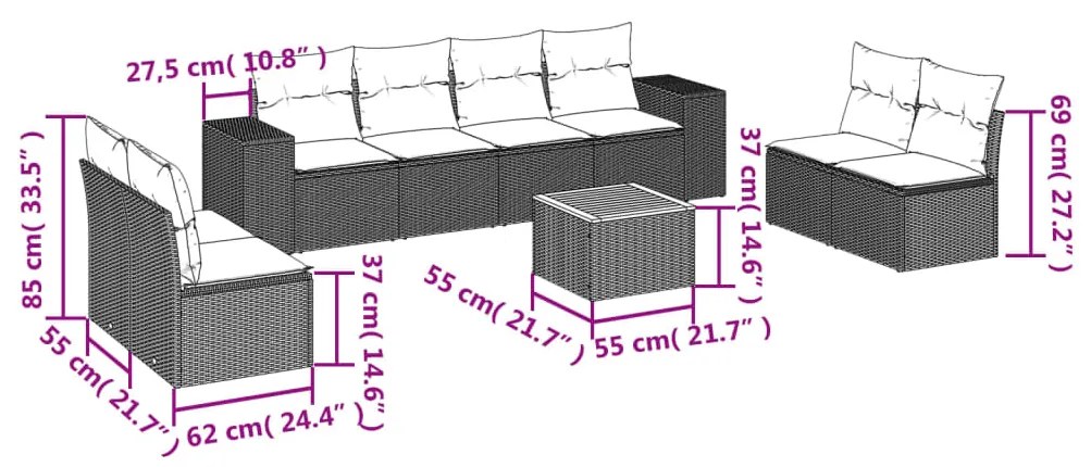 Set Divano da Giardino 9 pz con Cuscini Grigio in Polyrattan