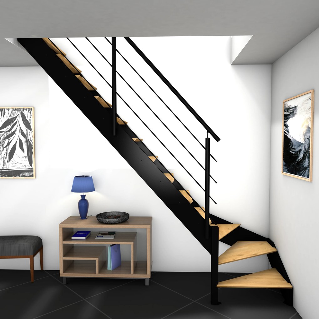 Scala 1/4 di giro in basso a sinistra Spectra BURGER, con parapetto, struttura in legno nero, gradini in legno rovere, colore rovere