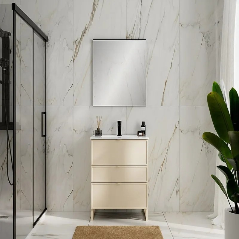 Mobile da bagno sospeso Quadra avorio con lavabo in ceramica bianco vasca centrale base con 3 cassetti a chiusura ammortizzata (estrazione parziale), con maniglia in alluminio laccato avorio L61 H75 P40