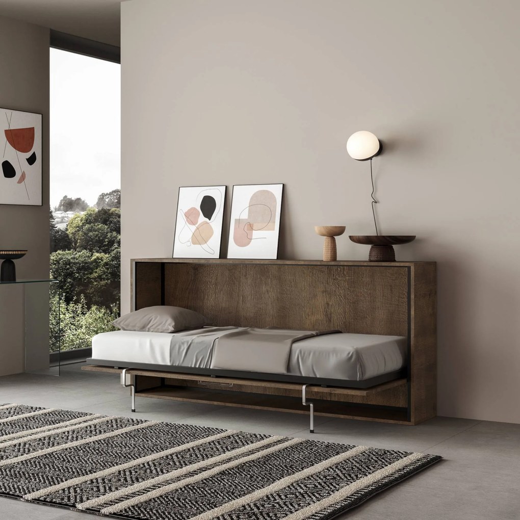 Letto a scomparsa singolo orizzontale Kando con materasso, Noce / Non incluso