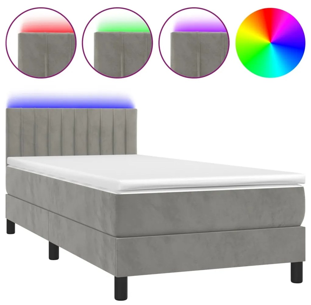 Letto a Molle Materasso e LED Grigio Chiaro 90x200 cm Velluto