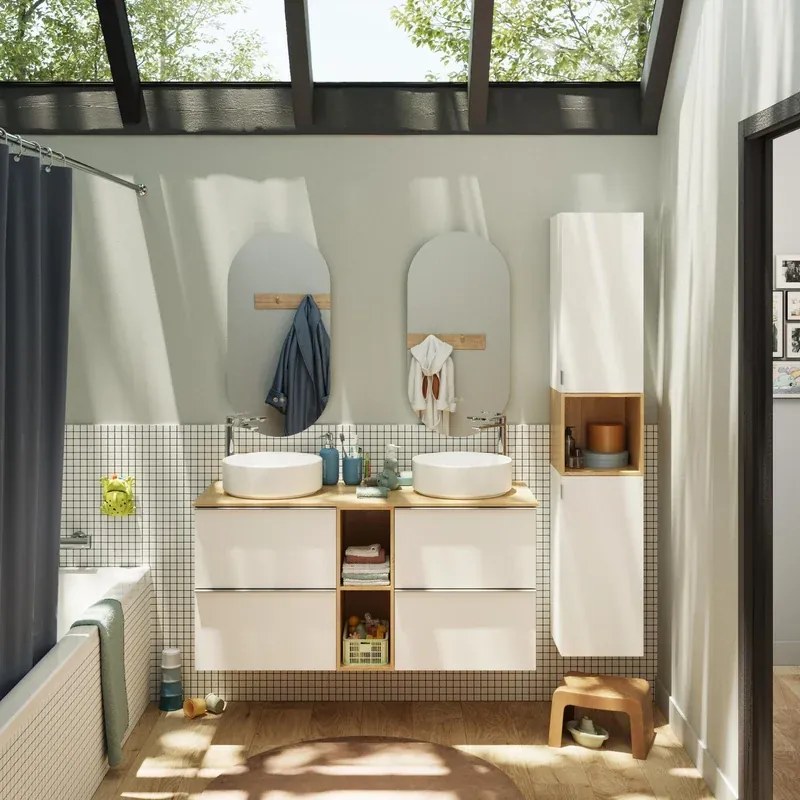 Mobile sottolavabo e lavabo Modern per doppia vasca bianco e miele L 120 x H 55 x P 45 cm 4 cassetti, top incluso