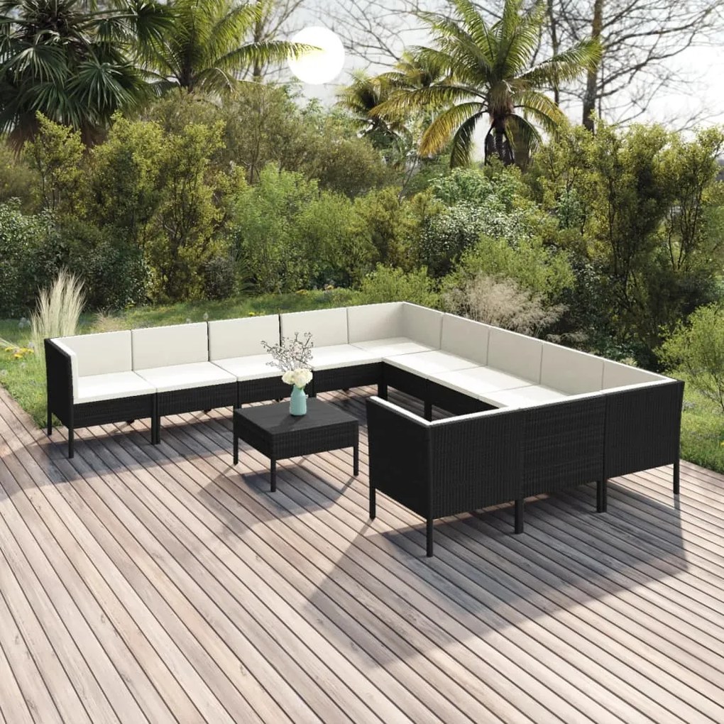 Set divani da giardino 12 pz con cuscini in polyrattan nero