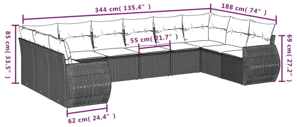 Set divani da giardino 10pz con cuscini in polyrattan nero