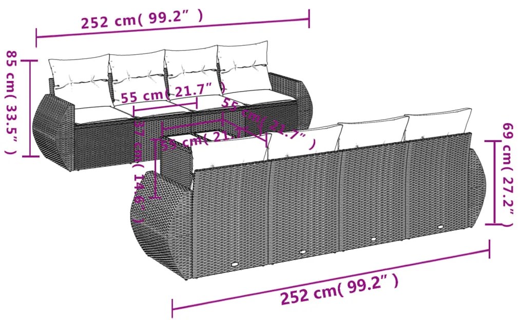 Set divani da giardino 9 pz con cuscini nero in polyrattan