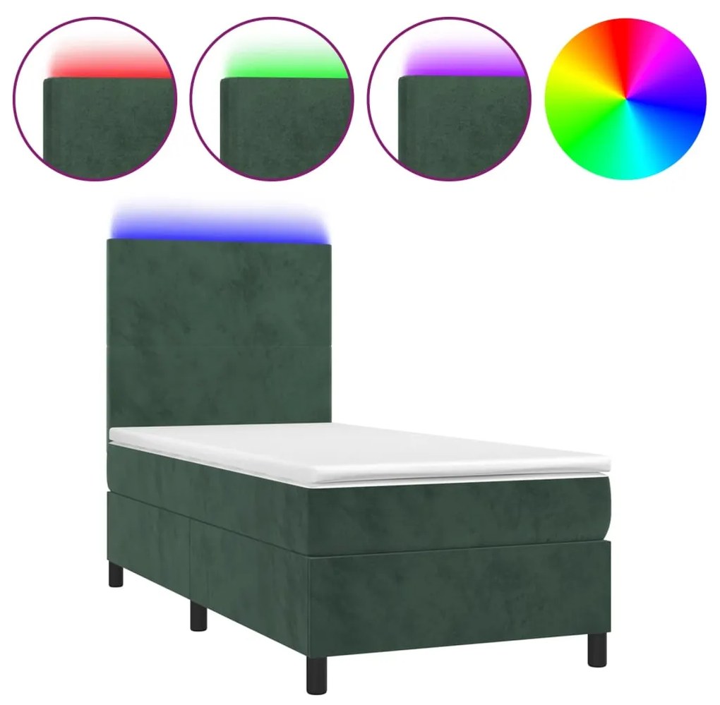 Letto a molle con materasso e led verde scuro 80x200cm velluto