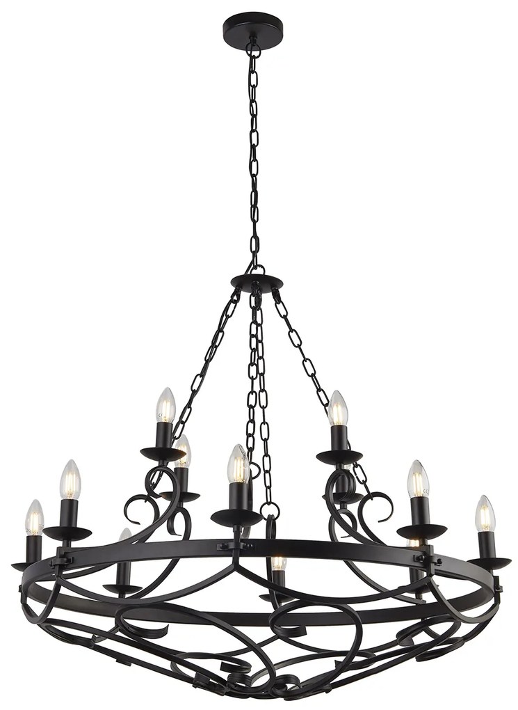 Lampadario Rustico-Country Cartwheel Iii Acciaio Nero 12 Luci E14