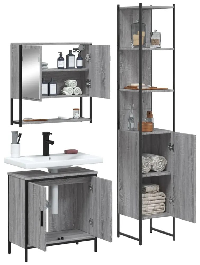 Set mobili da bagno 3 pz grigio sonoma in legno multistrato